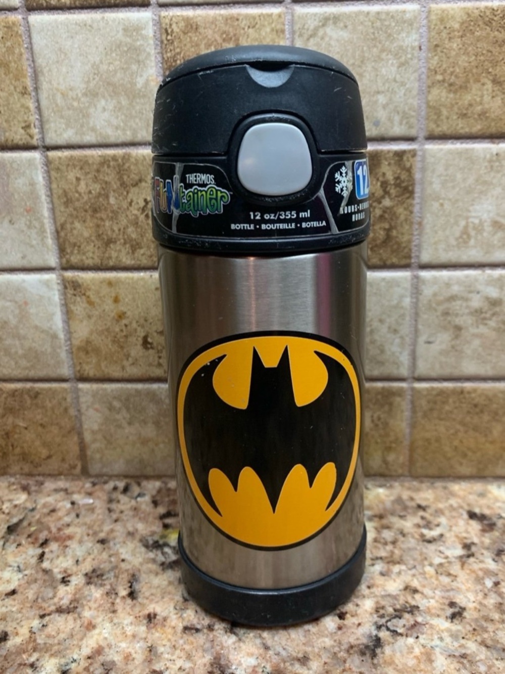 Thermos Funtainer stainless steel kids bottle  with Batman theme. 12 oz